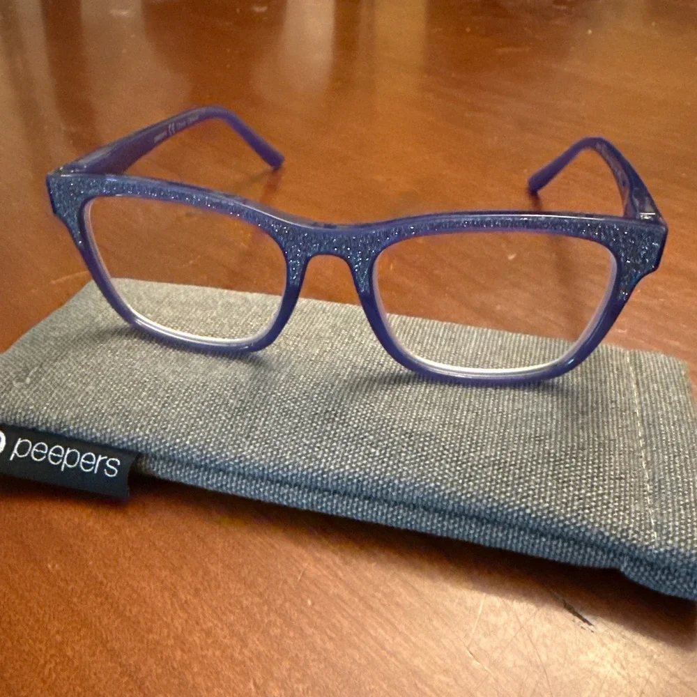 Peepers +1.25 reading glasses Foxy Mama blue glitter sparkle with case EUC